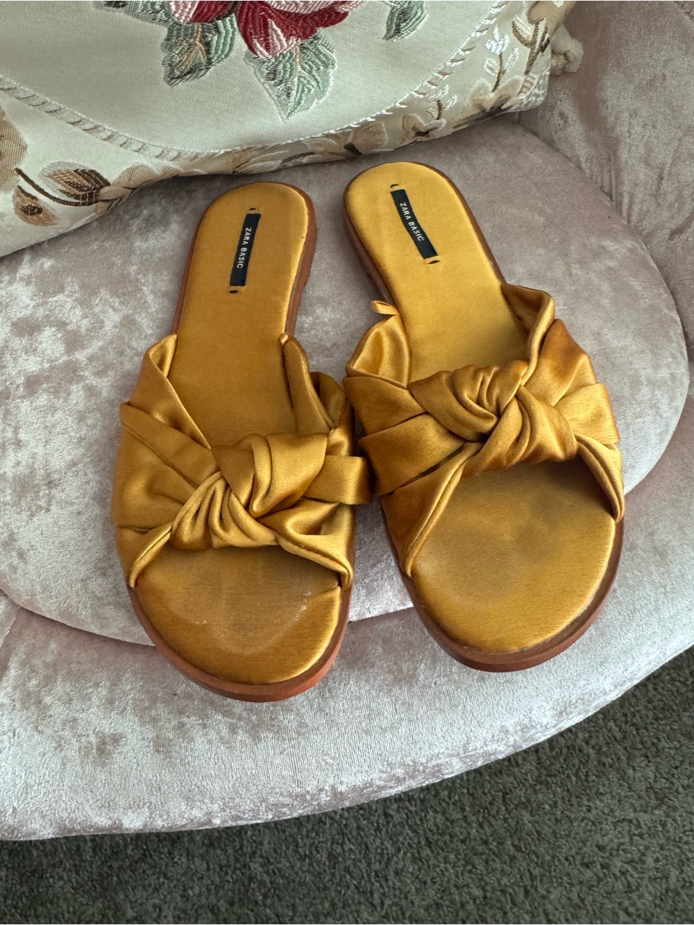 Zara Metallic Gold Knotted Satin Slide Mules